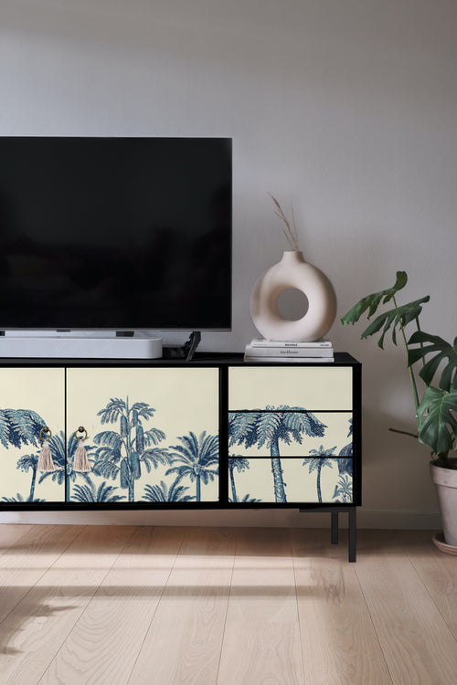 Meubel TV 2 deuren 3 lades JAN gelakt MDF met vintage palmprint