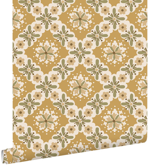 ESTAhome behang vintage bloemen okergeel en groen - 50 x 900 cm - 131503