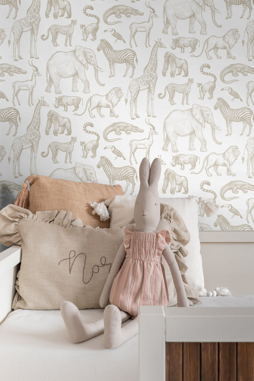 ESTAhome behang jungle dieren wit en beige - 53 cm x 10.05 m - 139690