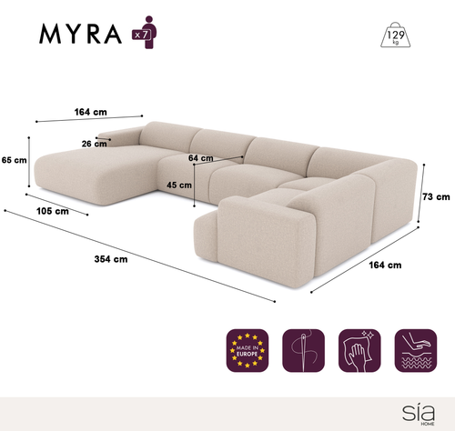 Sia Home - Panoramische bank, links MYRA - getextureerd fluweel donker antraciet 354cm