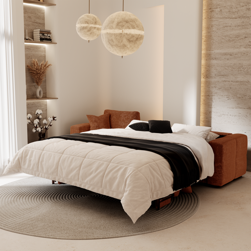 Premium Interiors - Linkshoekbank met snelle uitklapfunctie VIBE - gewaafd fluweel terracotta 286cm