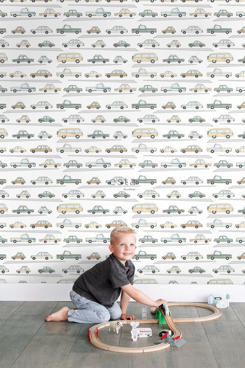 ESTAhome behang auto's vergrijsd groen, grijs en beige - 50 x 900 cm - 139537