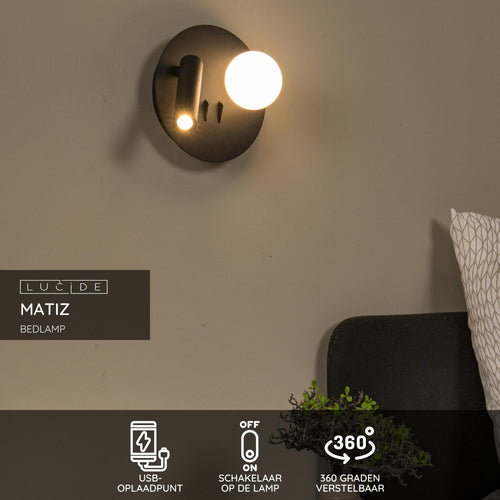 Lucide bedlamp MATIZ - Geïntegreerde LED - Zwart - vtwonen shop