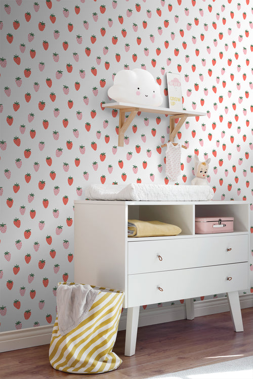 ESTAhome behang aardbeien wit en roze - 50 x 900 cm - 131650
