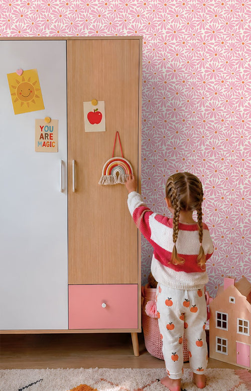 ESTAhome behang madeliefjes roze en oranje - 53 cm x 10.05 m - 131149
