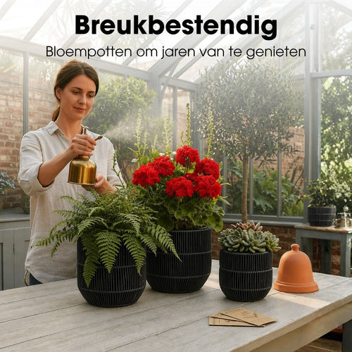 Mica Decorations Peta Bloempot voor Buiten – Set van 3 – Plantenpot voor Bloemen en Buitenplanten – Bloempotten voor Buiten – Zwart