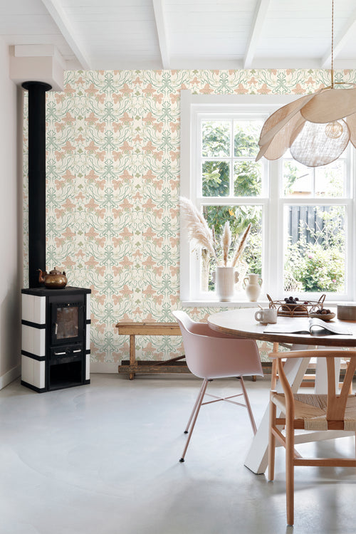 ESTAhome behang vintage bloemen in art nouveau stijl roomwit, zacht roze en vergrijsd groen - 53 cm x 10.05 m - 139666 - vtwonen shop