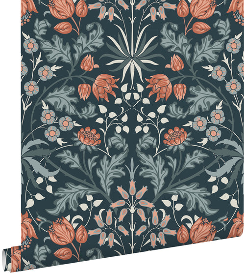 ESTAhome behang vintage bloemen in art nouveau stijl donkerblauw en terracotta - 50 x 900 cm - 131182