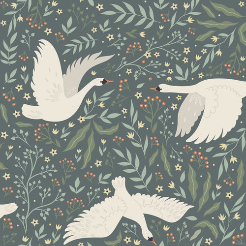 ESTAhome behang zwanen vergrijsd blauw en wit - 53 cm x 10.05 m - 139798