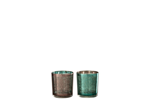 J-Line windlicht Oosters - glas - azuur/koper - small - 2 stuks