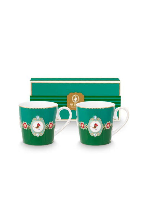 Pip Studio Mokken - Love Birds Medallion - Donkergroen - 300ml - Set van 2