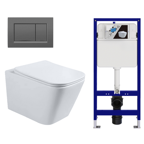 LOMAZOO hangtoiletset Linea - met inbouwreservoir & vierkante drukplaat - vierkant - gun metal / wit
