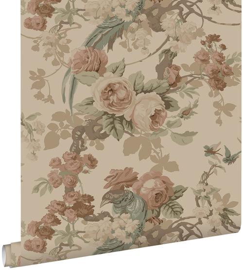 ESTAhome behang bloemen en vogels beige - 50 x 900 cm - 139808