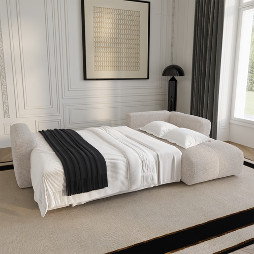 Premium Interiors - Rechthoekige hoekbank met slaapfunctie en opbergruimte VIBE - zacht aanvoelende geweven stof crème 286cm