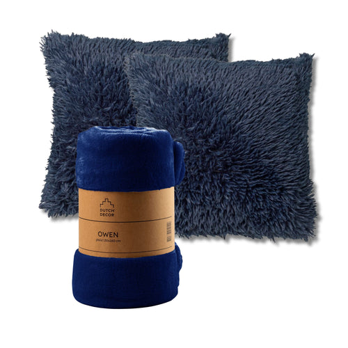 Dutch Decor - VOORDEELSET - 3-delig - Fluffy & Owen - 2 sierkussens 45x45 cm - 1 plaid 130x160 cm - blauw - vtwonen shop