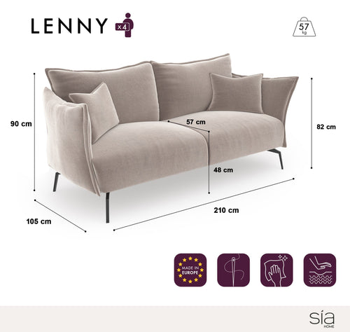Sia Home - Rechte bank LENNY - Fluweel - Grafiet grijs - 210cm