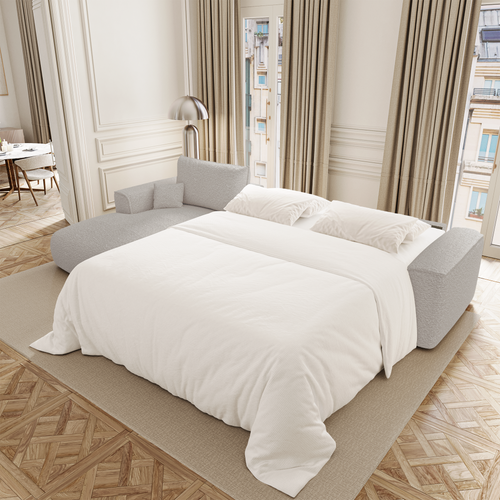 Premium Interiors - Linkerhoekbank met snelle uitklapfunctie COMO - bouclé-stof lichtgrijs 300cm