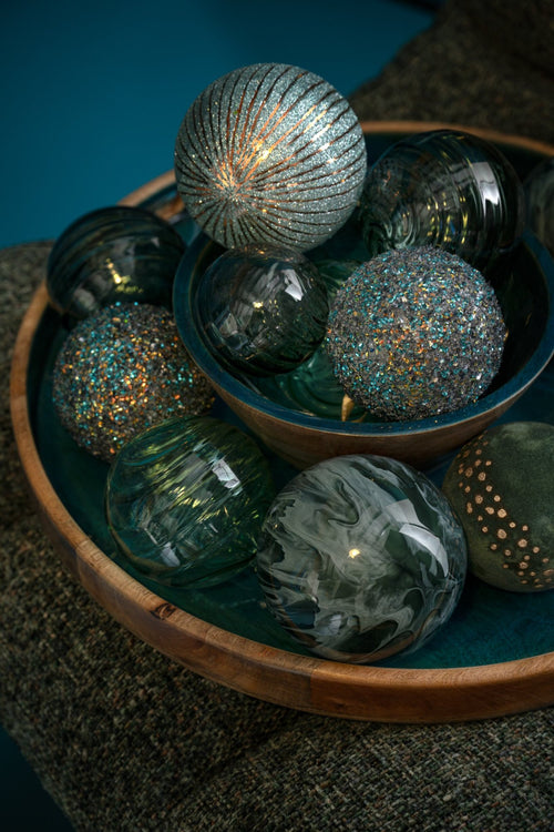 J-Line Geribbelde kerstbal - glas - donkergroen - small - set van 16
