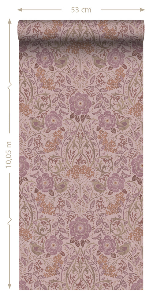 ESTAhome behang bloemen en vogels oudroze en lila paars - 50 x 900 cm - 131209