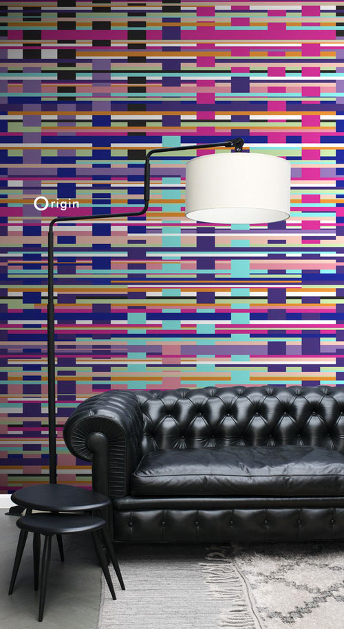Origin Wallcoverings fotobehang grafische strepen turquoise, zwart, paars, roze en wit - 200 x 279 cm - 357203 - vtwonen shop