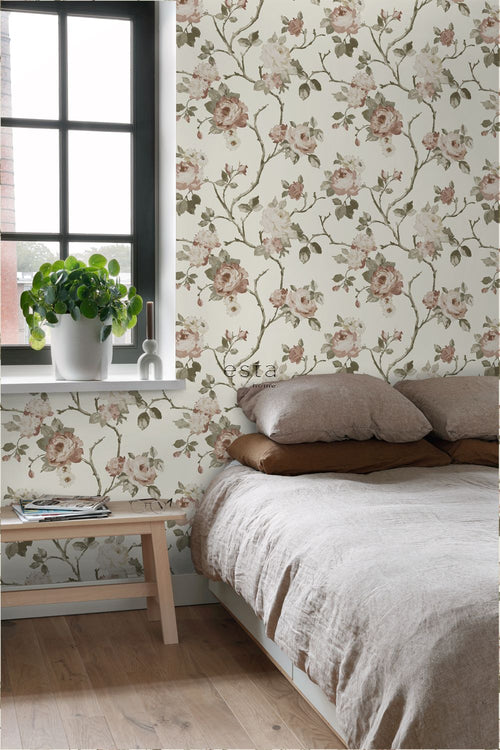 ESTAhome behang vintage bloemen gebroken wit en oudroze - 53 cm x 10.05 m - 139406