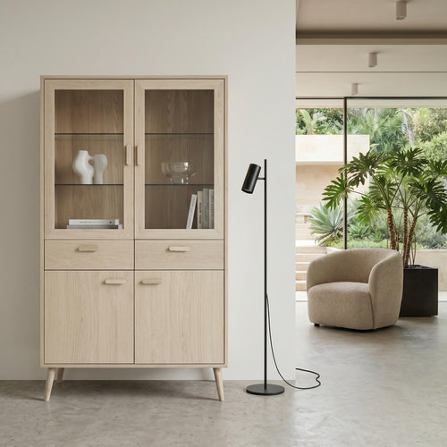 Furnhouse vitrinekast Porto - Witte olie - MDF, Eikenfineer, Glas - 40x110x187