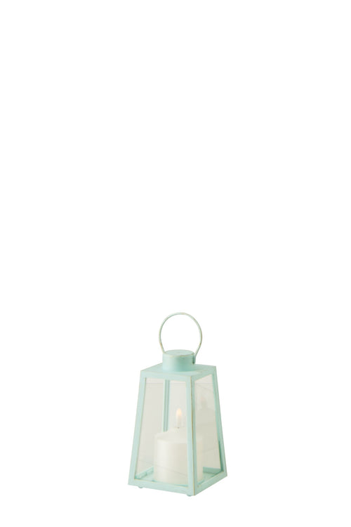 J-Line lantaarn + kaars - glas - turkoois - small - 2 stuks - LED lichtjes