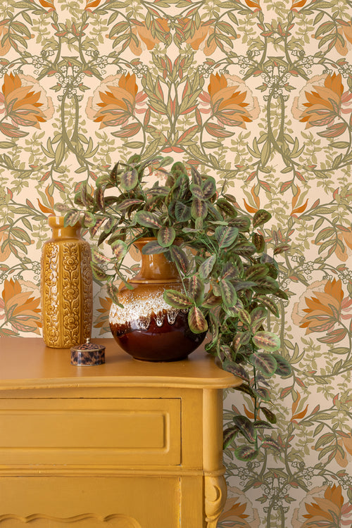 ESTAhome behang vintage bloemen in art nouveau stijl groen, oranje en beige - 50 x 900 cm - 131697