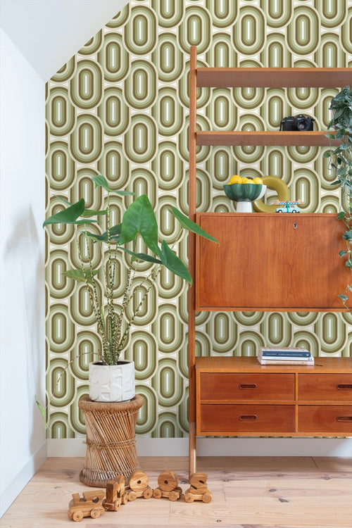 ESTAhome behang retro ornamenten olijfgroen - 53 cm x 10.05 m - 130984