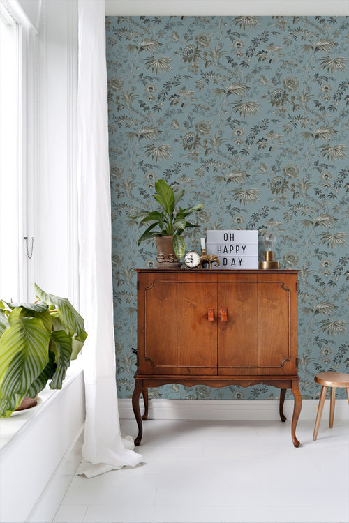 ESTAhome behang vintage bloemen vintage blauw - 50 x 900 cm - 139402