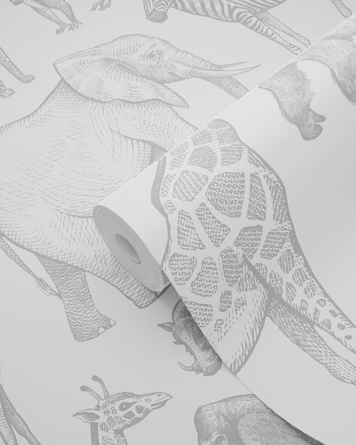 ESTAhome behang jungle dieren wit en grijs - 53 cm x 10.05 m - 139691