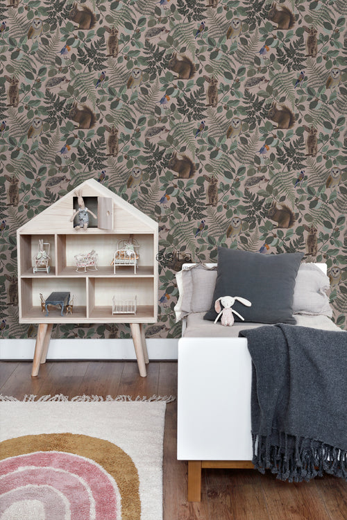 ESTAhome behang bosdieren oudroze, groen en bruin - 53 cm x 10.05 m - 139252