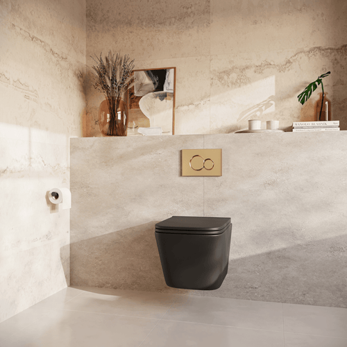 LOMAZOO hangtoiletset Linea - met inbouwreservoir & ronde drukplaat - vierkant - goud / zwart
