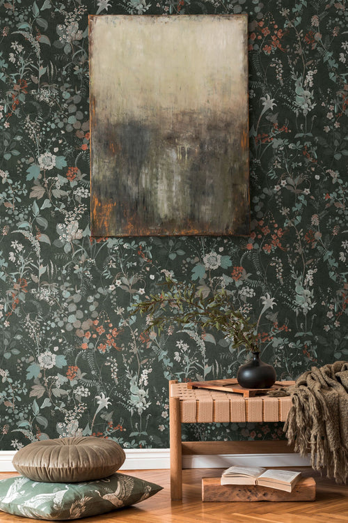 A.S. Création behang bloemen zwart, oranje en turquoise - 53 cm x 10.05 m - AS-388254
