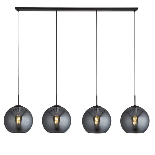 Searchlight AMSTERDAM - 4 lichte matzwarte bar-plafondhangers met ronde rookglazen kappen