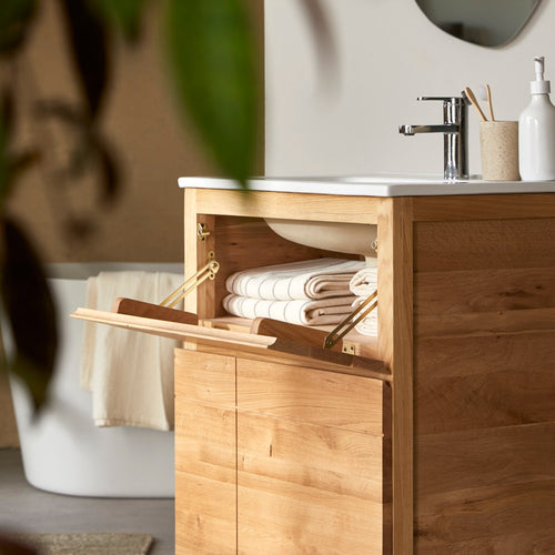 Tikamoon Massief eikenhouten en keramisch badkamermeubel 60 cm - Naturel