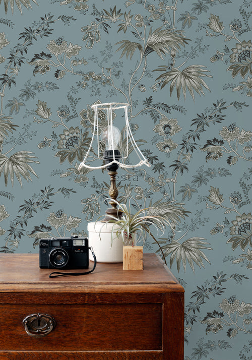 ESTAhome behang vintage bloemen vintage blauw - 50 x 900 cm - 139402