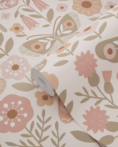 ESTAhome behang bloemen & vlinders beige, groen en oudroze - 50 x 900 cm - 131886