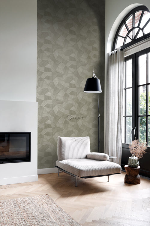 Origin Wallcoverings eco-texture vliesbehang grafisch 3D motief kaki grijs - 0.53 x 10.05 m - 347821 - vtwonen shop