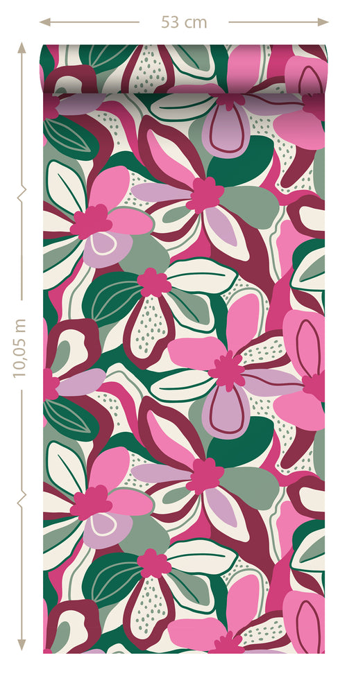 ESTAhome behang bloemmotief fuchsia roze, groen en wit - 50 x 900 cm - 131131