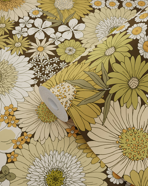 ESTAhome behang retro bloemen olijfgroen en oranje bruin - 50 x 900 cm - 131317 - vtwonen shop