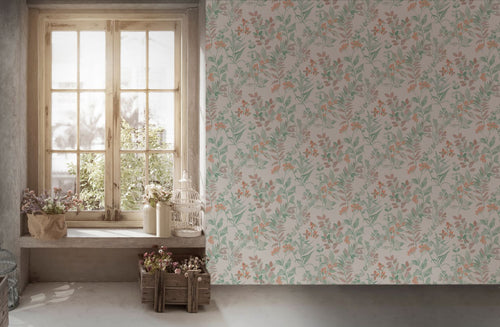 Livingwalls behang bloemmotief groen en terracotta - 53 cm x 10.05 m - AS-391715