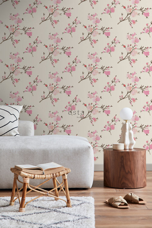 ESTAhome eco-texture vliesbehang kersenbloesems beige en roze - 0,53 x 10,05 m - 148716 - vtwonen shop