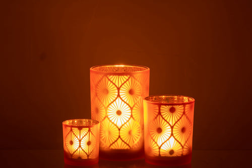 J-Line windlicht Ruit Bloemen - glas - oranje - large