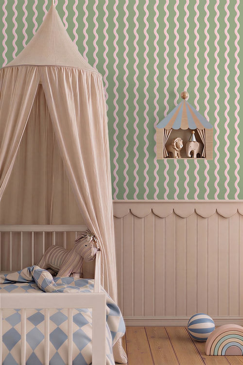 ESTAhome behang golvende strepen groen en roze - 50 x 900 cm - 132137