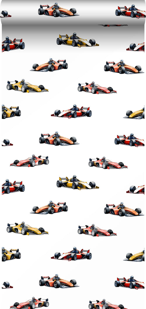 Sanders & Sanders behang race auto's rood, oranje en geel - 50 x 900 cm - 935373