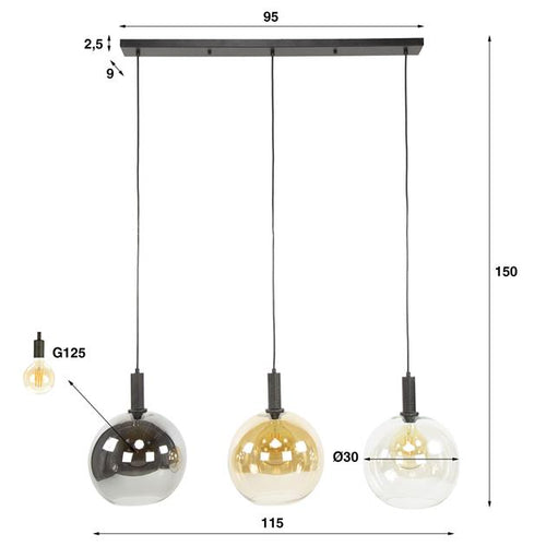 Giga Meubel Hanglamp Sfera Tricolore - Zwart Metaal - 3-Lichts - 30x115x150cm