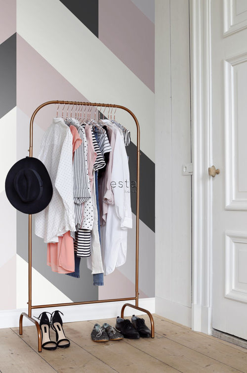 ESTAhome fotobehang visgraat-motief zwart, wit en oudroze - 150 x 279 cm - 158902