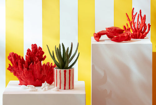 J-Line bloempot Gestreept - keramiek - wit/rood - set van 3