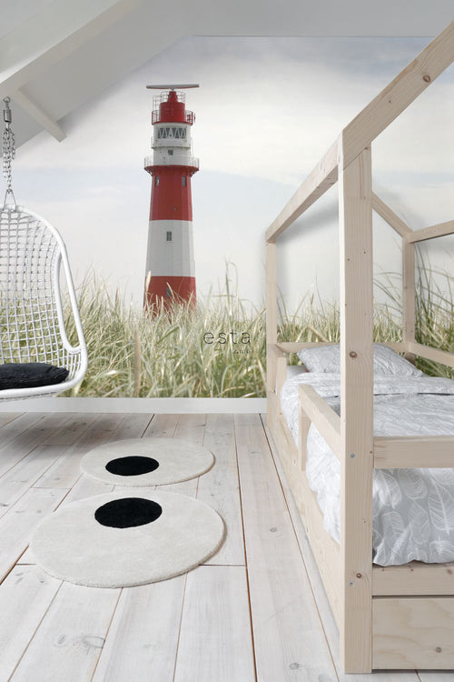 ESTAhome fotobehang vuurtoren rood, wit en groen - 372 x 270 cm - 156432 - vtwonen shop